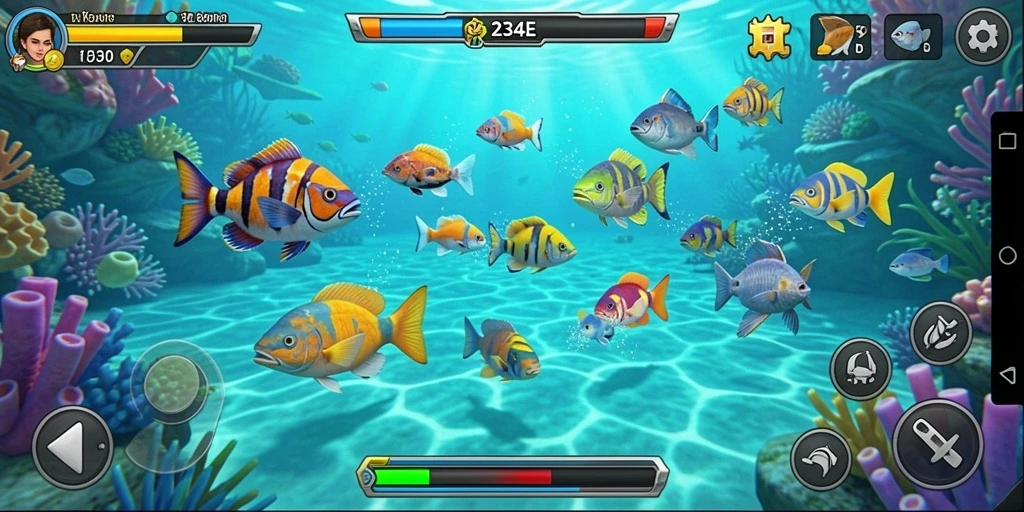 Screenshot gameplay Tembak Ikan dengan aksi seru di bawah laut.