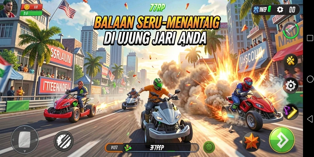 Tampilan gameplay 77RP yang menegangkan dengan mobil balap di lintasan.