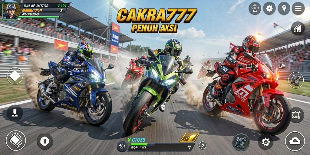Screenshot utama CAKRA777 menampilkan aksi balapan motor yang mendebarkan.