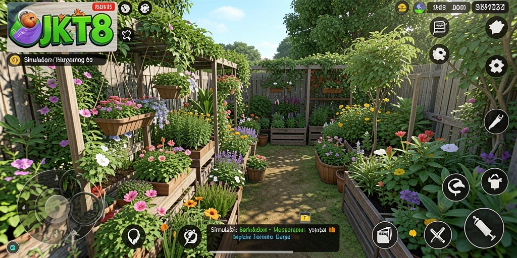 Screenshot gameplay JKT8 menampilkan aktivitas berkebun yang seru.