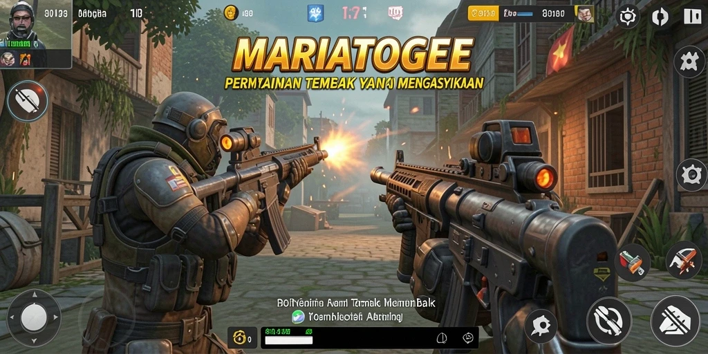 Screenshot MARIATOGEL menampilkan aksi tembak-menembak yang seru dan mendebarkan.