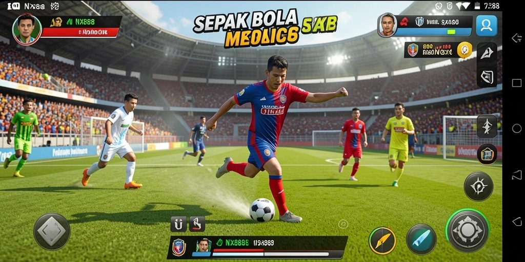 Screenshot menampilkan gameplay sepak bola yang mengagumkan dan penuh aksi.