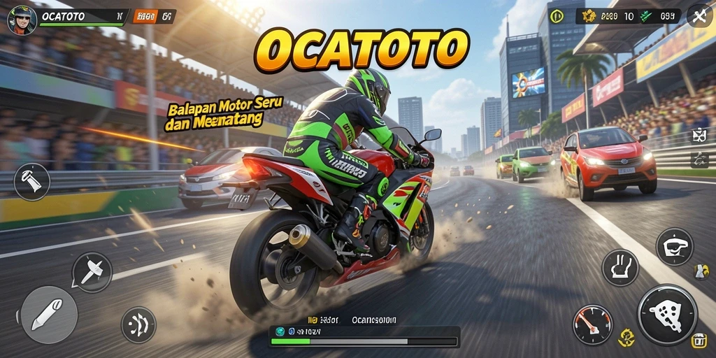 Tampilan gameplay OCATOTO yang mendebarkan saat balapan motor.
