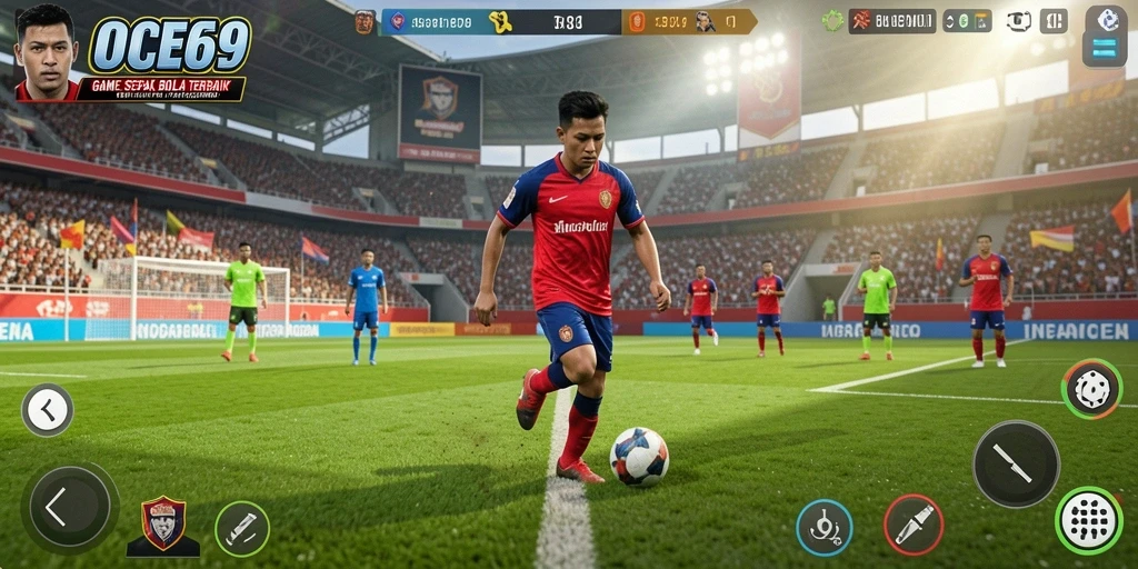 Tangkapan layar gameplay OCE69 menampilkan aksi mendebarkan dalam pertandingan sepak bola.
