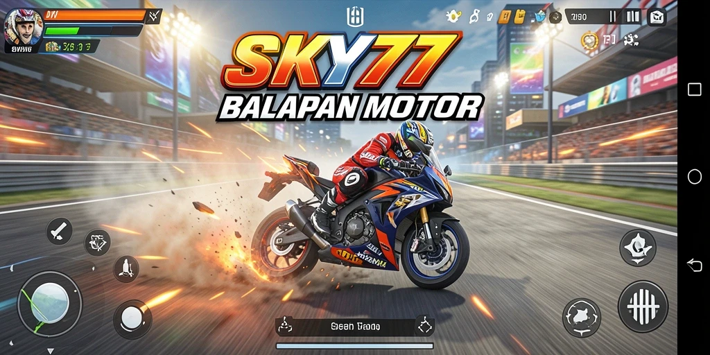 Tampilan gameplay <strong>SKY77</strong> yang mendebarkan dengan balapan motor yang cepat.